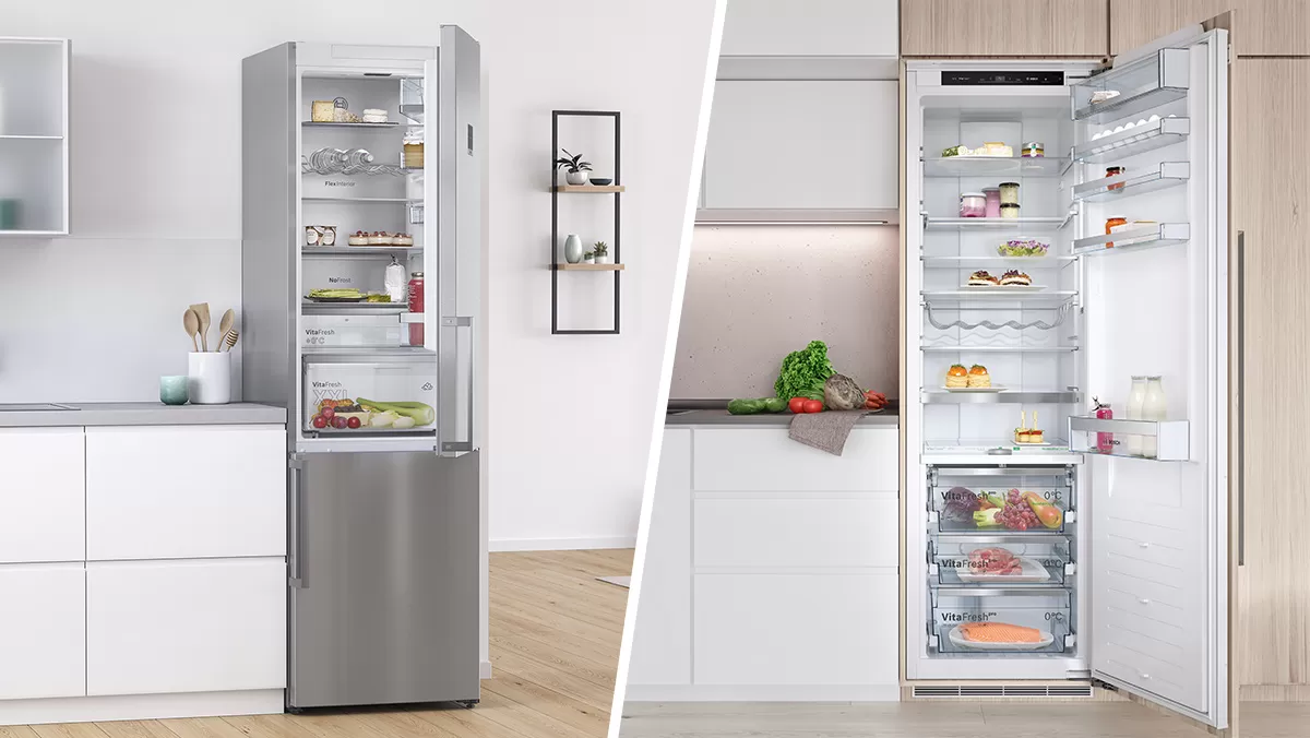Ein eleganter, moderner Kühlschrank mit Edelstahloberfläche, Glasböden und Schubladen für frische Produkte