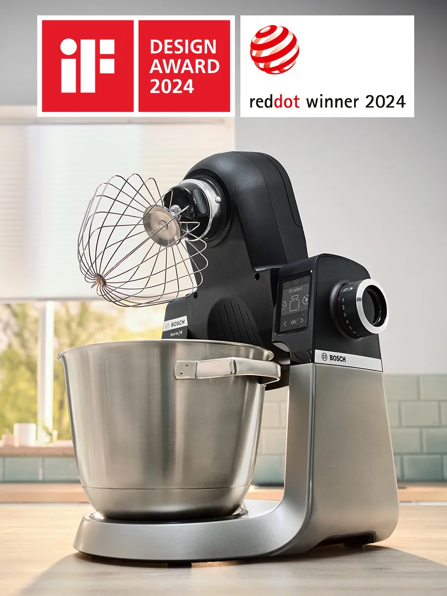 Robot culinaire Bosch avec 4 illustrations d'accessoires.