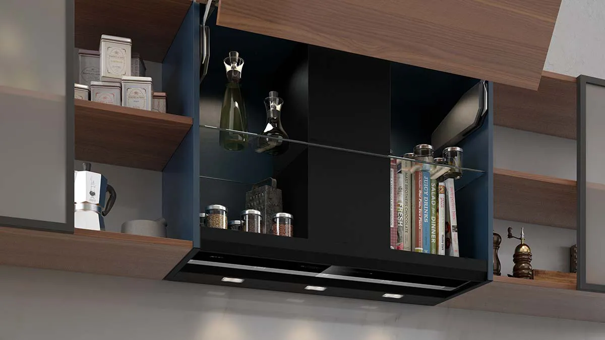 Wooden shelves with various household items, including books, decorative objects, and a black cabinet.