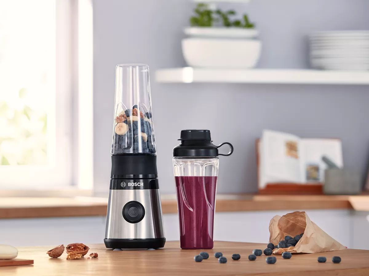 Here's an example:  Bosch personal blender with berries and nuts, next to a purple smoothie in a shaker bottle.