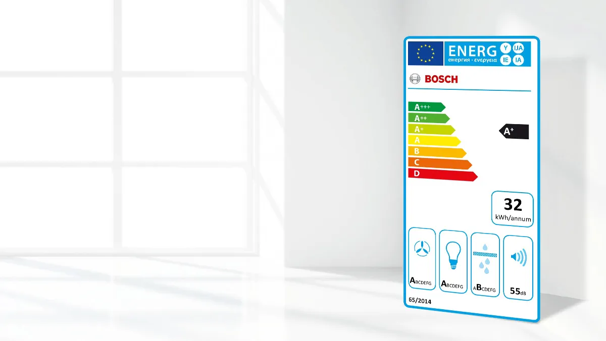 European energy label with A+ rating for a Bosch appliance in a bright room.