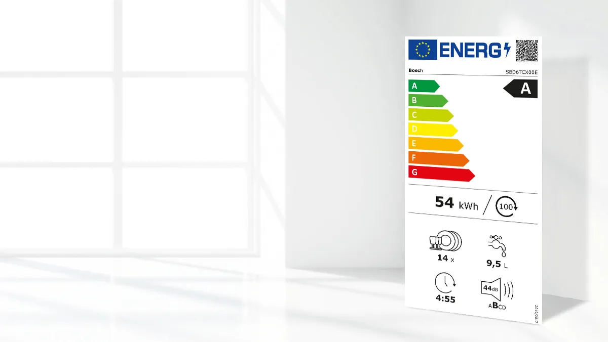 Energieffektivitetsmærkning, der viser ratings for apparatets energiforbrug og støjniveauer.