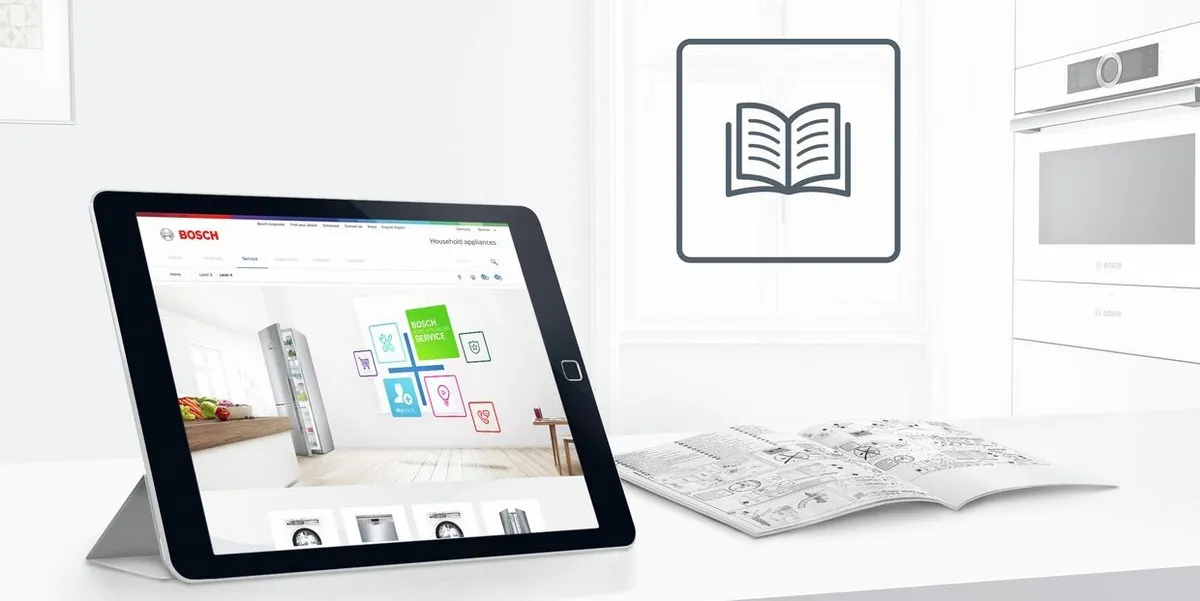iPad stovi ant stalo, ant kurio yra šaldytuvo nuotrauka, o šalia yra naudojimo instrukcija.