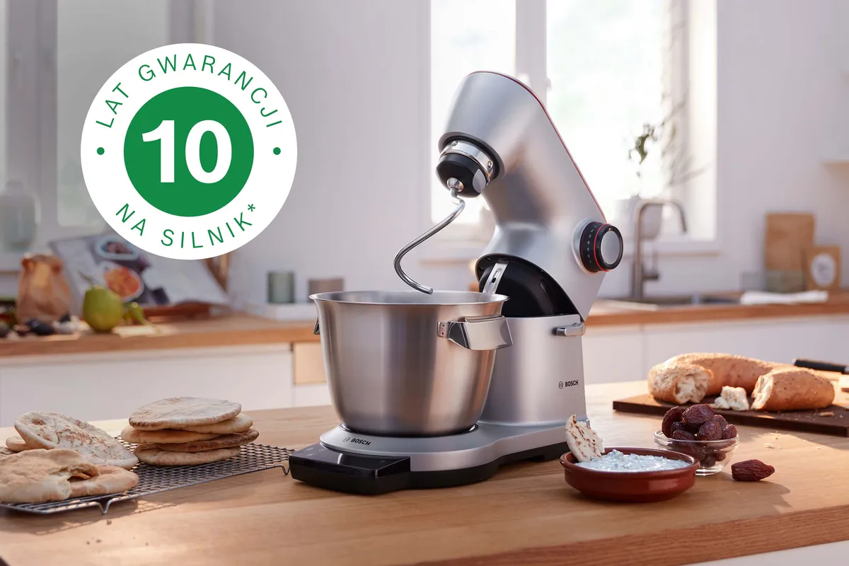 Urządzenie kuchenne, stojak, miska ze stali nierdzewnej, składniki do pieczenia, 10-letnia etykieta gwarancyjna.