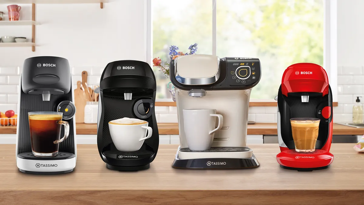Full range of Tassimo coffee machines on kitchen counter
