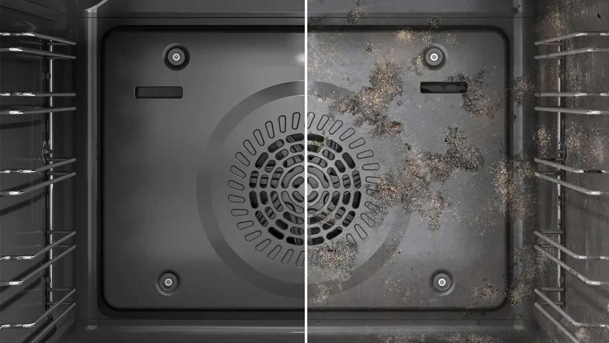Oven interieur voor en na het schoonmaken, toont de opbouw van grime en puin op ventilator en muren.