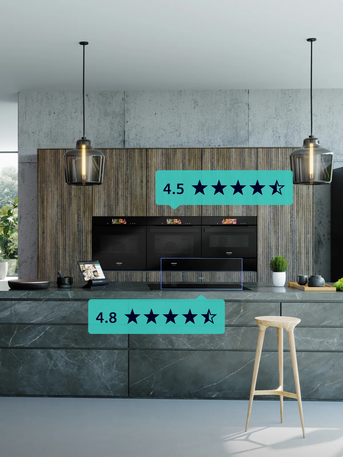 Moderne Küche mit Holzdetails, elegantes Design und Bewertungen von 4.5 und 4.8 Sternen in Blau. Holzstuhl sorgt für Wärme. 