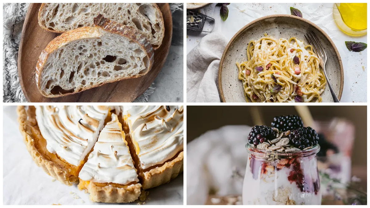 Een collage met knapperig artisanbrood, romige pasta, een gelaagde taart en een dessertpotje gegarneerd met bramen en granola.