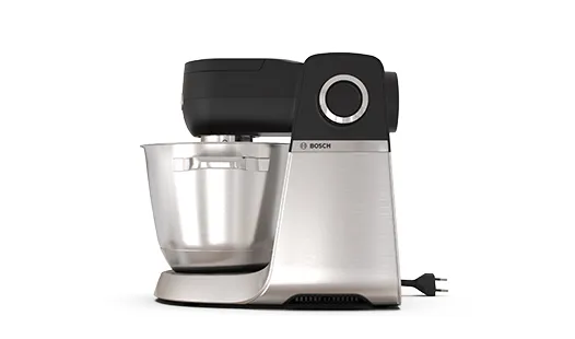 A sleek Bosch stand mixer with a silver base and a transparent mixing bowl, designed for efficiency in the kitchen.