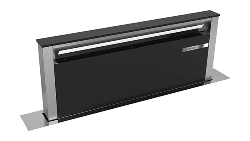 Sleek black built-in kitchen hood with stainless steel accents, designed for modern kitchens.