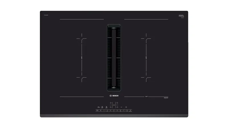 Sleek black induction cooker hood with integrated vent in the center. Features touch controls at the bottom, modern design conveys efficiency and innovation.