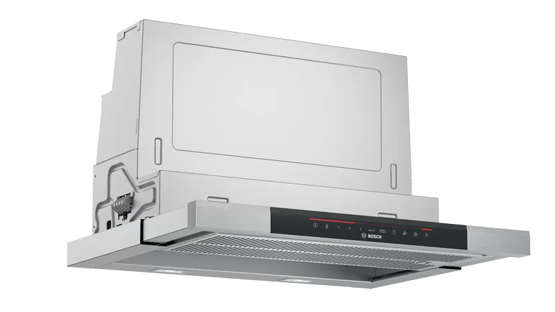Sleek stainless steel kitchen cooker hood with a digital control panel and LED lights, designed for modern kitchens. Brands shown on the panel.