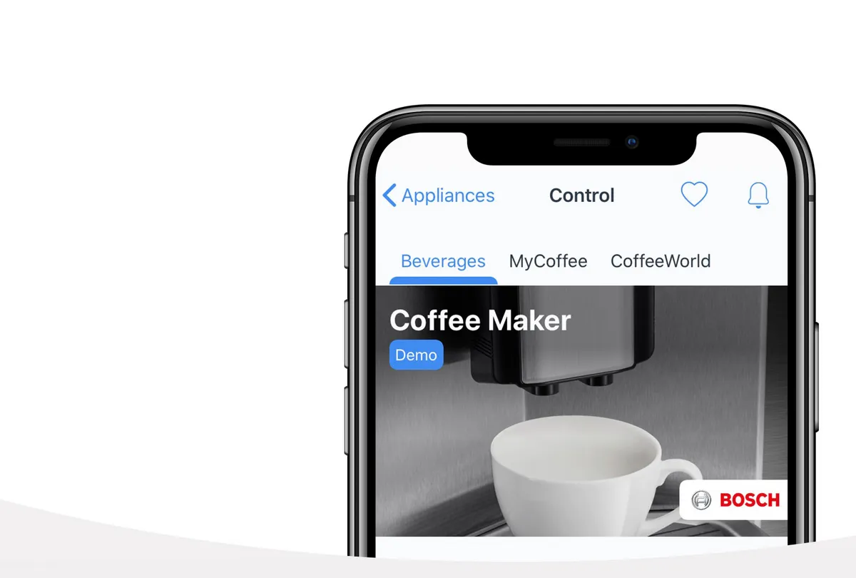 Mobile app interface showing a coffee maker with options for beverages, featuring a demo label and Bosch branding.