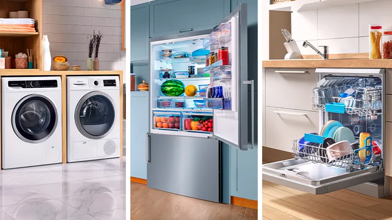 Modern mutfak aletleri: Çamaşır makinesi, buzdolabı ve bulaşık makinesi.