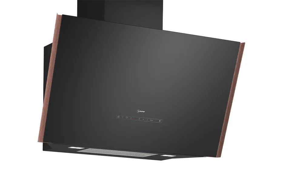 Sleek black kitchen hood with wooden accents and touch controls, mounted on the wall, designed for effective ventilation.