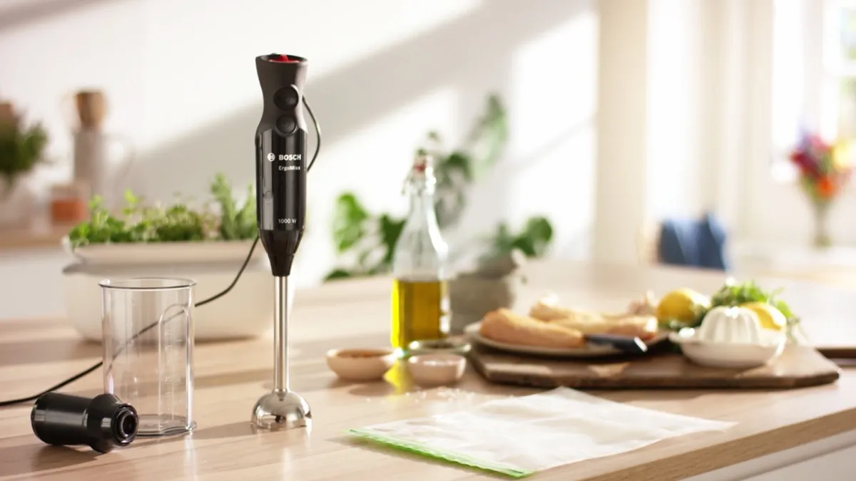Bosch hand blender with various ingredients surrounding
