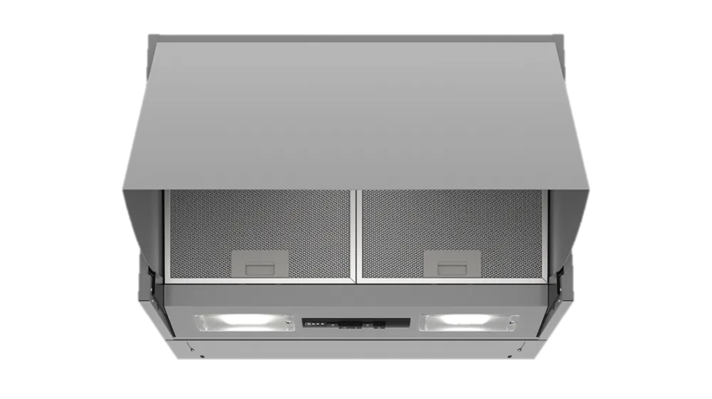 Top view of a silver kitchen range hood featuring two mesh filters, front control panel, and two recessed lights.