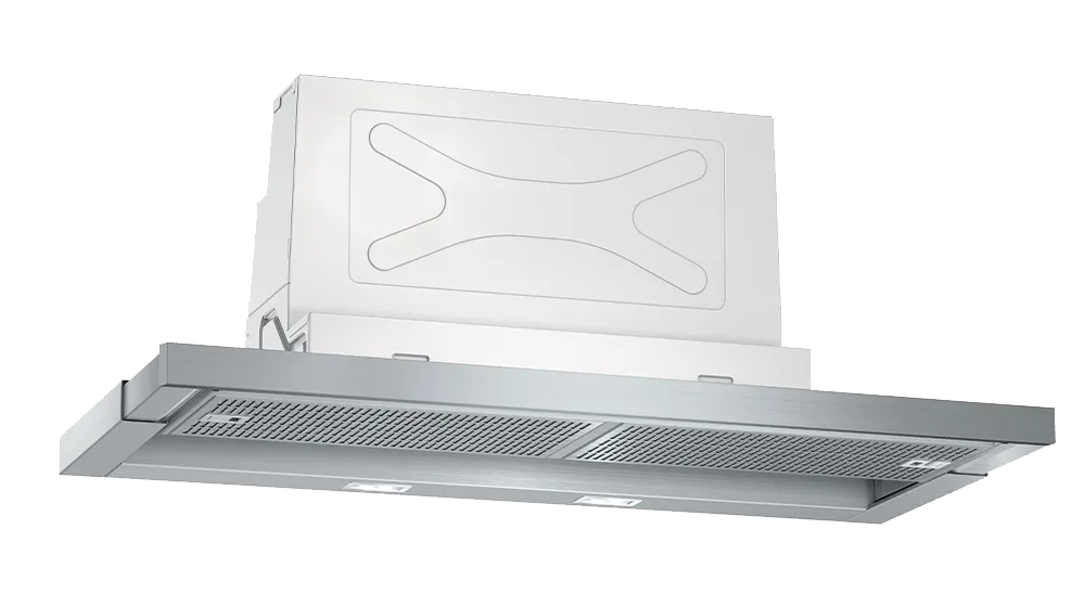 This image depicts a retractable kitchen hood that is designed to be discreet and space-saving. It features a stainless steel finish along with a sleek design that blends well with modern kitchen aesthetics. The hood can be pulled out for use when cooking and retracted back into its housing for a clean look when not in use. It is equipped with controls for adjusting ventilation and lighting, making it both functional and convenient.