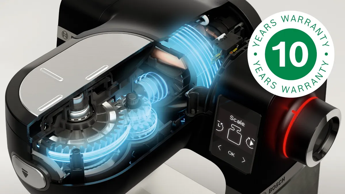 The image presents a cross-section view of a Bosch stand mixer, highlighting its internal components and mechanisms. The intricate gears and motor parts are illuminated, showcasing the design and engineering behind the mixer. Additionally, a prominent badge indicates a "10 YEARS WARRANTY," emphasizing the product's durability and reliability. The digital display can be seen on the side, which likely features various functions for user convenience. This visual emphasizes both the advanced technology and the confidence in the quality of the product.