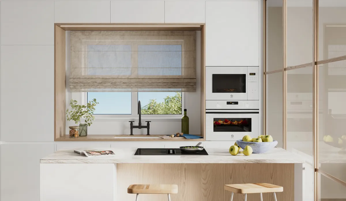 Plano cocina abierta con columna de horno y microondas serie cristal blanco Balay
