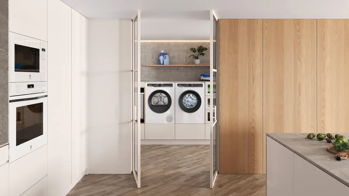 Plano de lavadora y secadora en conjunto integradas en alto en mueble