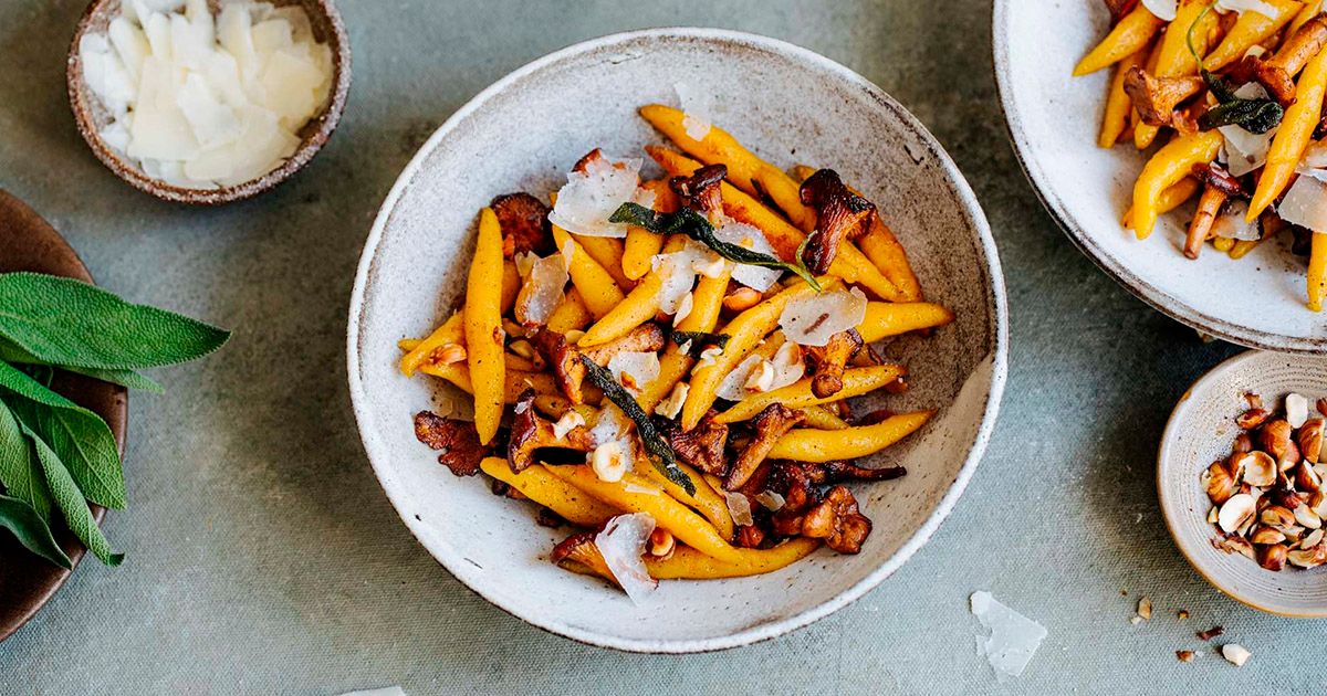 Pumpkin Schupfnudeln with brown butter, sage, and roasted hazelnuts