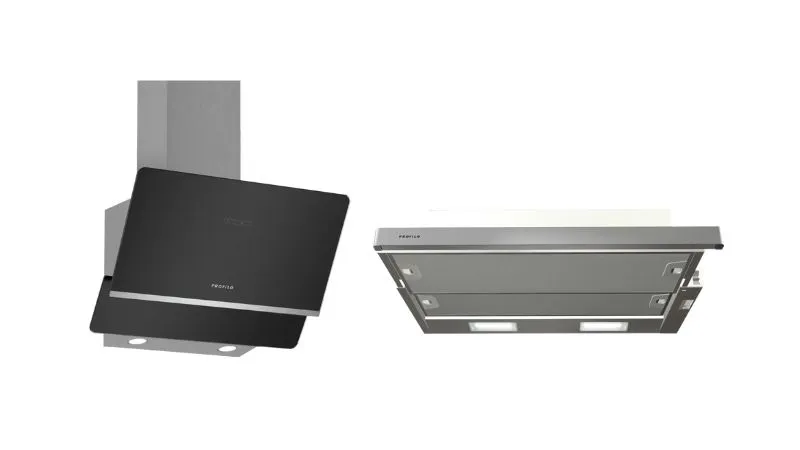 İki mutfak aletleri: siyah bir duvar kaplı bir aralık ve paslanmaz çelik geri dönüşümlü bir aralık.