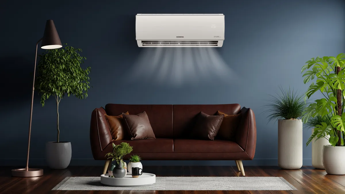 Cozy live room with Skin kanepe, air conditioner, and lush greenery