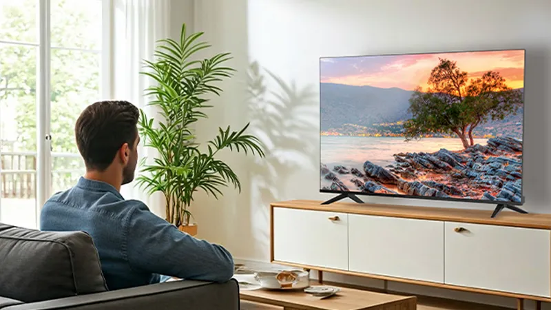 Man, santrallerle yaşayan odadaki büyük TV ekranında günbatımı manzarasını izliyor.