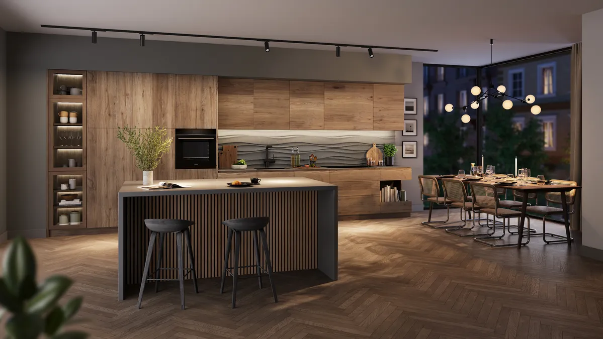 Cucina moderna con un fornello che cucina del cibo, schienale a onde e illuminazione sotto i mobili.