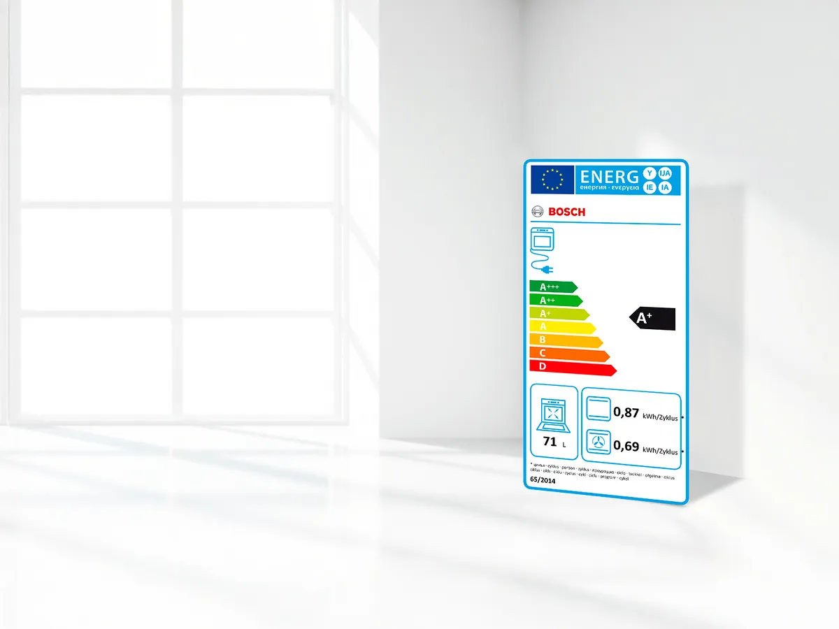 Rótulo de energia com classificação A+ para um micro-ondas Bosch, detalhando o consumo de eletricidade e a capacidade.