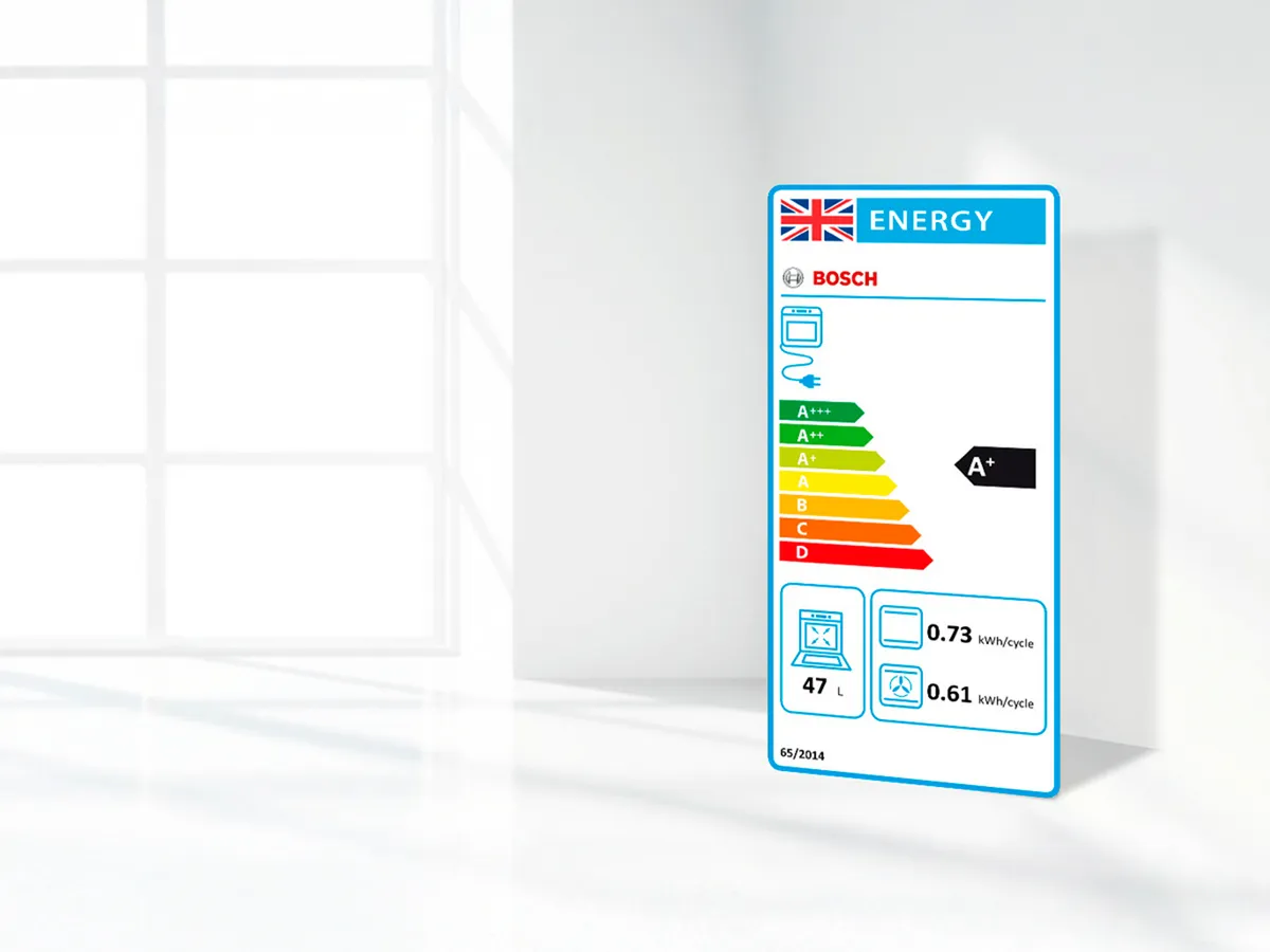 Rótulo de energia com classificação A+ para um forno Bosch detalhando o consumo de eletricidade e a capacidade.