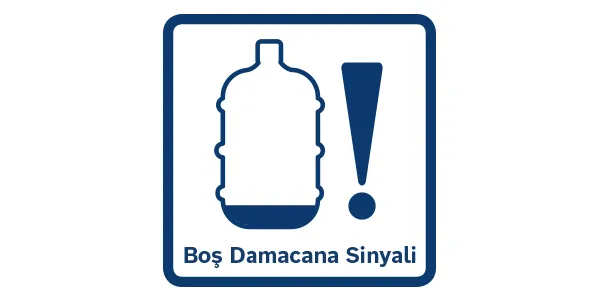 Görüntü, bir şişe ve bir dışlama işareti ile mavi bir simge gösterir, "Boş Damacana Signali" veya "Empty Şişe Signal"i Türkçe olarak temsil eder.
