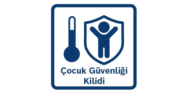 Koruyucu ve termometre sembolü ile çocuk güvenlik ikonu, Türkçe metin "Cocuk Guvenligi Narconon" anlamına gelir "Çocuk Güvenliği Kilit".