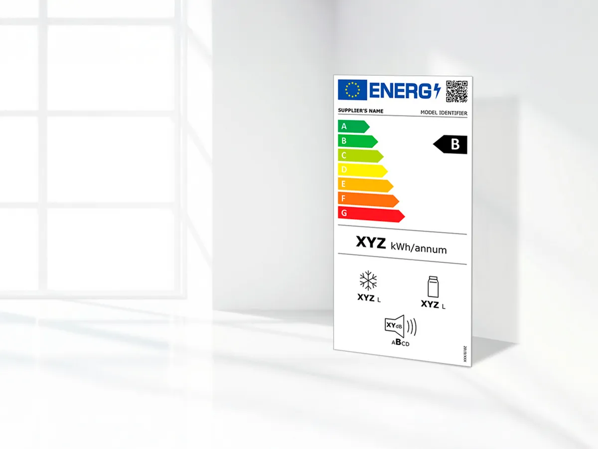 Nova etiqueta de energia para frigoríficos mostrando a classificação de eficiência B.