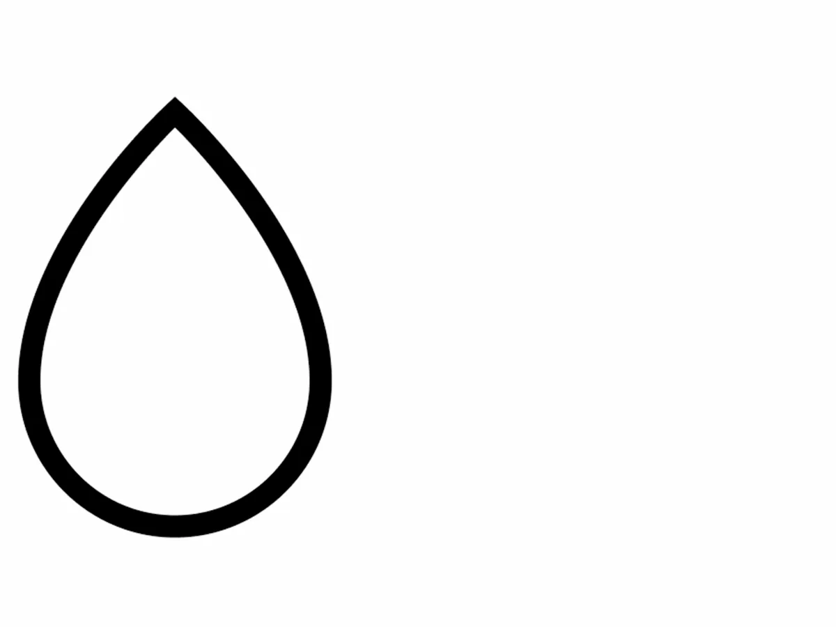 Um contorno simples em preto de um ícone de gota de água sobre um fundo branco simbolizando resultados de mistura suave.