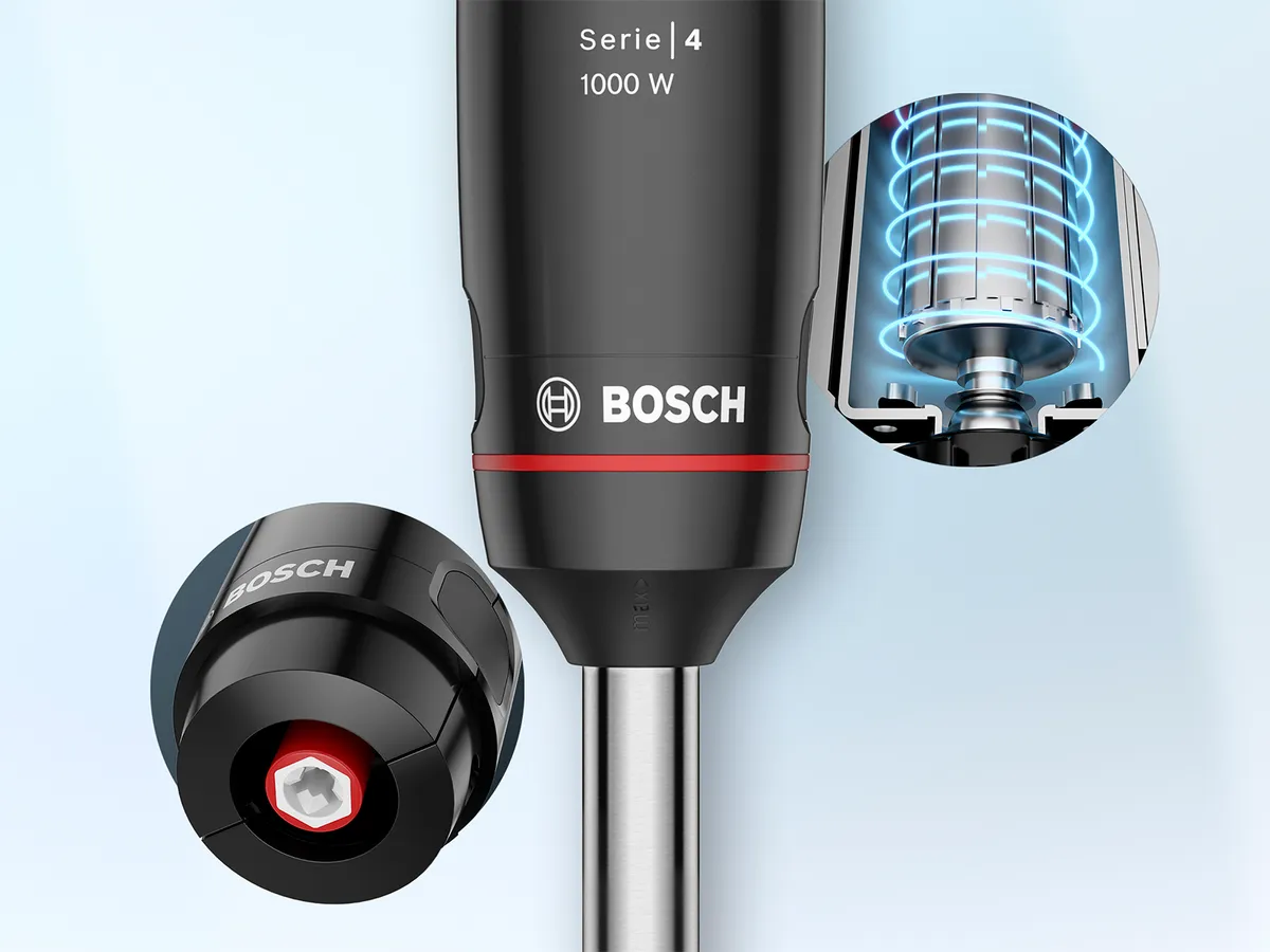 Close-up de uma ferramenta Bosch Serie 4, destacando sua potência de 1000 W e mecanismo interno avançado em um design elegante.