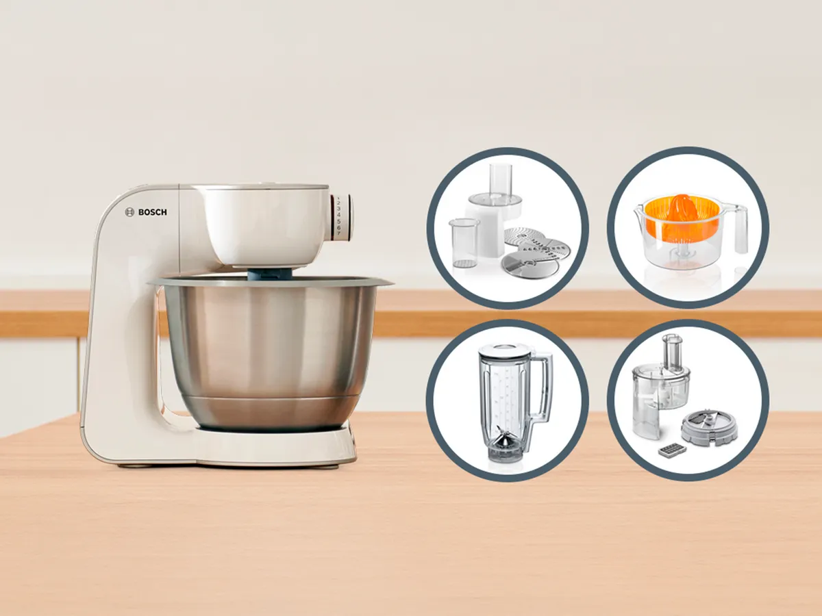 Batedeira Bosch com taça de inox e imagens dos acessórios: ralador, espremedor, liquidificador e processador de alimentos.