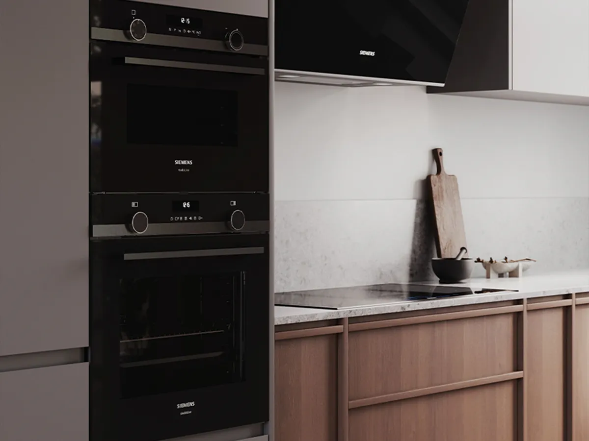Cozinha moderna com electrodomésticos Siemens encastrados e design minimalista.