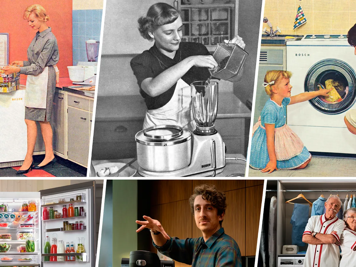 Imagem vintage de uma mulher a misturar ingredientes usando uma batedeira clássica Bosch de estilo retro com acessório liquidificador.
