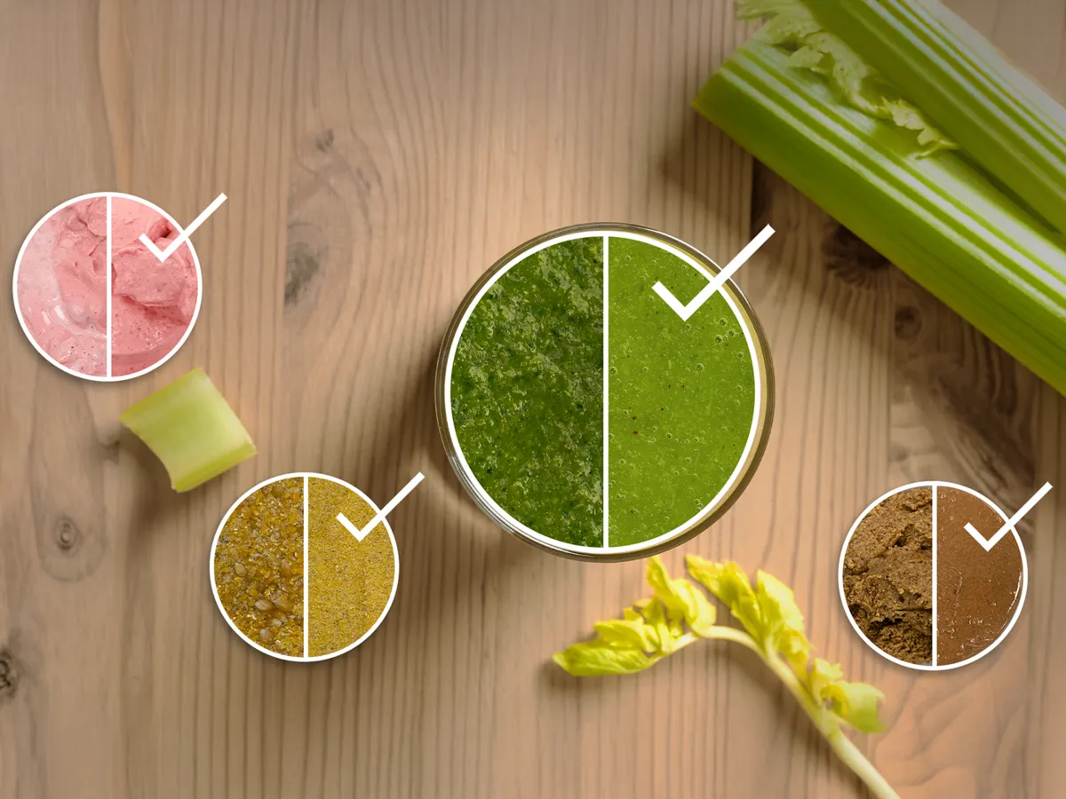 Gráficos mostrando resultados superiores do VitaPower em comparação com liquidificadores convencionais para sorvete, farinha, smoothie e manteiga de amendoim.
