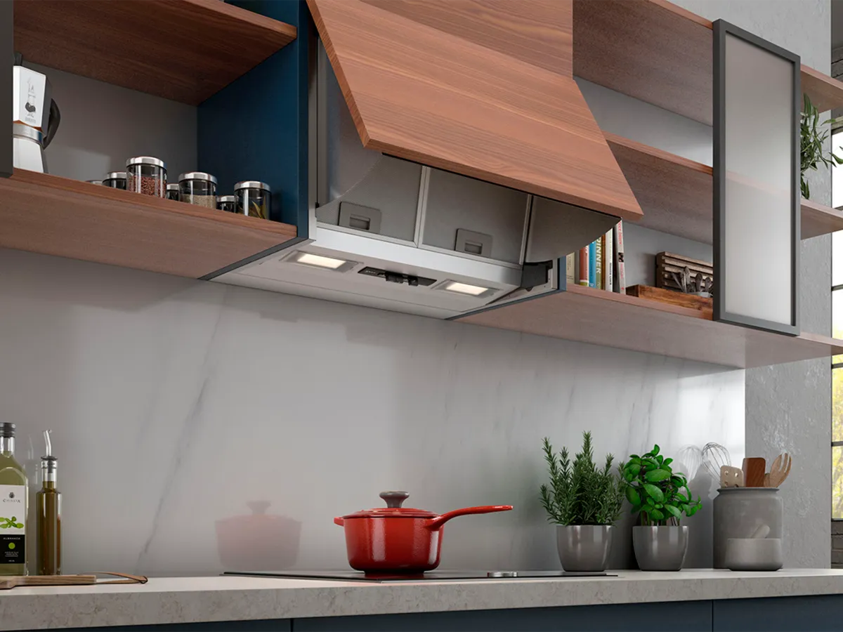 White integrated cooker hood, brown wooden opened cupboard 