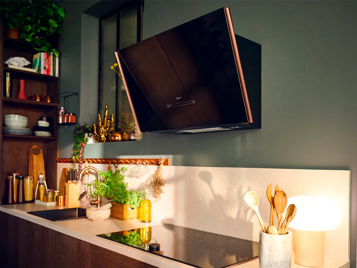 Side view of inclined hood with Brushed Bronze side trims shown in front of a green wall 