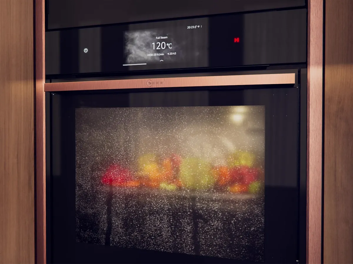 Porta del forno appannata con strisce laterali in bronzo spazzolato.