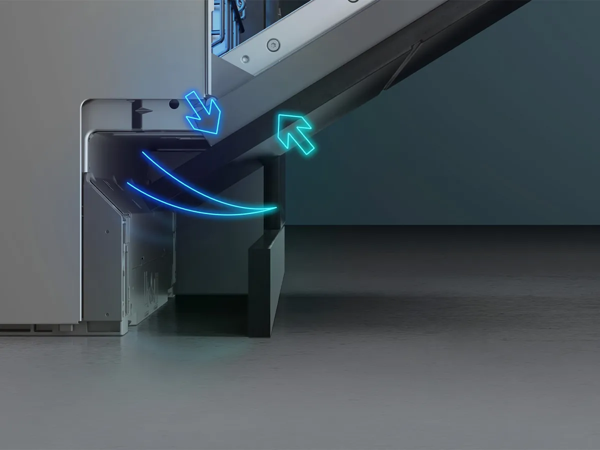 Närbild av ett modernt Siemens-diskmaskinshörn med sned öppning, markerat med lysande pilar som visar luftflödesriktningen.