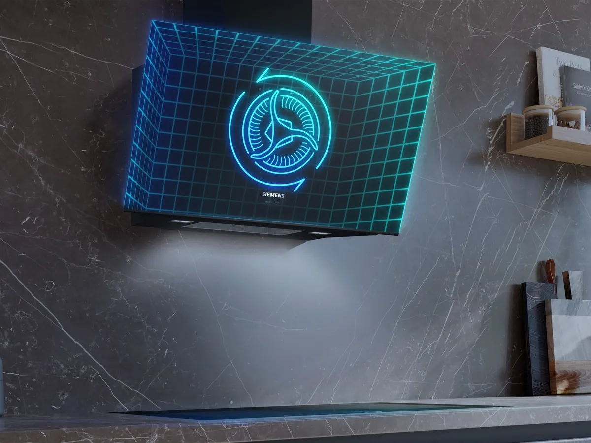 Uma chaminé Siemens elegante com um design iluminado, apresentando uma grade azul e um logotipo moderno contra um fundo de mármore.