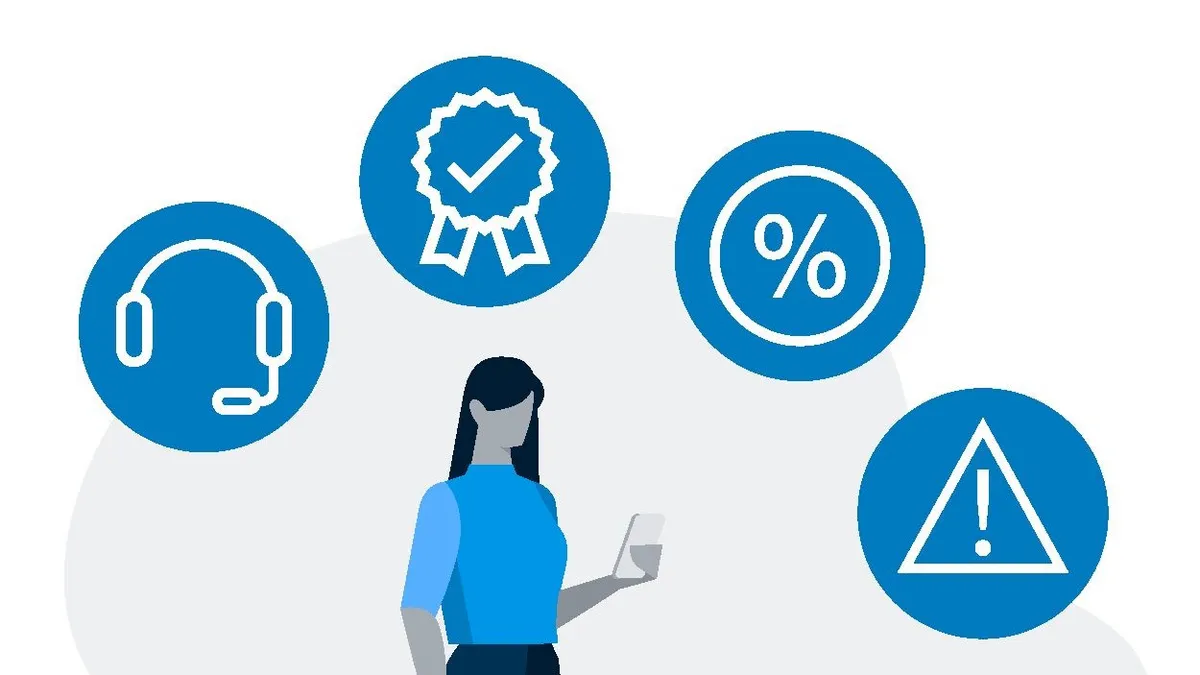 Une femme tenant un téléphone, entourée d'icônes représentant le service client, la qualité, les réductions et les alertes.