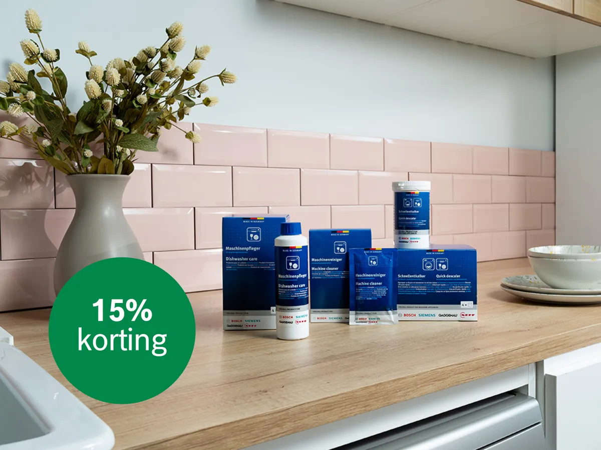 Nu 15% korting op reinigingsmiddelen en accessoires voor vaatwassers. 