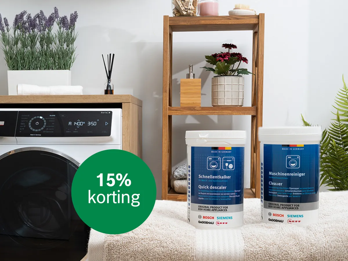Nu 15% korting op accessoires en reinigingsmiddelen voor je wasmachine en droger. 