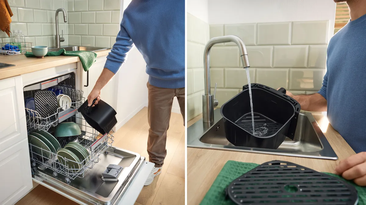 Geteiltes Bild eines Mannes, der Heißluftfritteusen-Teile reinigt: einen Korb in den Geschirrspüler lädt (links) und ihn unter dem Wasserhahn abspült (rechts).